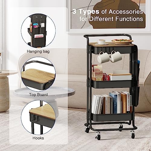 DTK 3 Tier Metal Utility Rolling Cart with Table Top and Side Bags, Tray Storage Organizer Wheels, Art Craft 4 Hooks for Kitchen Bathroom Office Living Room (Black) - Image 5