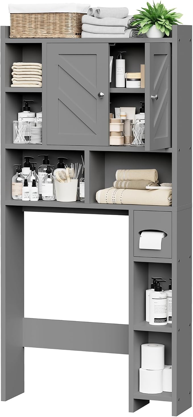 Over the Toilet Storage Cabinet, Freestanding Farmhouse Storage Cabinet Over Toilet, Bathroom Organizer with Paper Holder Stand and Adjustable Shelf, Grey - Image 7