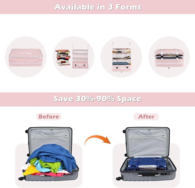 Surblue Hanging Closet Storage Bag Collapsible 3-Shelf Washable Oxford Fabric with 2 Hooks (XL 17.71*11.81*20in, Pink) - Image 3