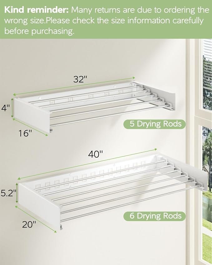 Vikaqi Wall Mounted Clothes Drying Rack 40 inches, Foldable Wall Mount Laundry Rack Folding Indoor, Drying Rack Clothing Collapsible, Hidden Space Saver with Wall Template, 6 Rods, White - Image 2