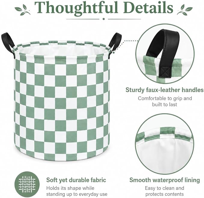 MAIZMZ 3 Pack Sage Checkered Storage Baskets Kids Hamper,Girls Room Decor,15.7"D x13.3"H, Waterproof Lining,Collapsible for Laundry, Toys, Clothes, Gift Set - Image 3