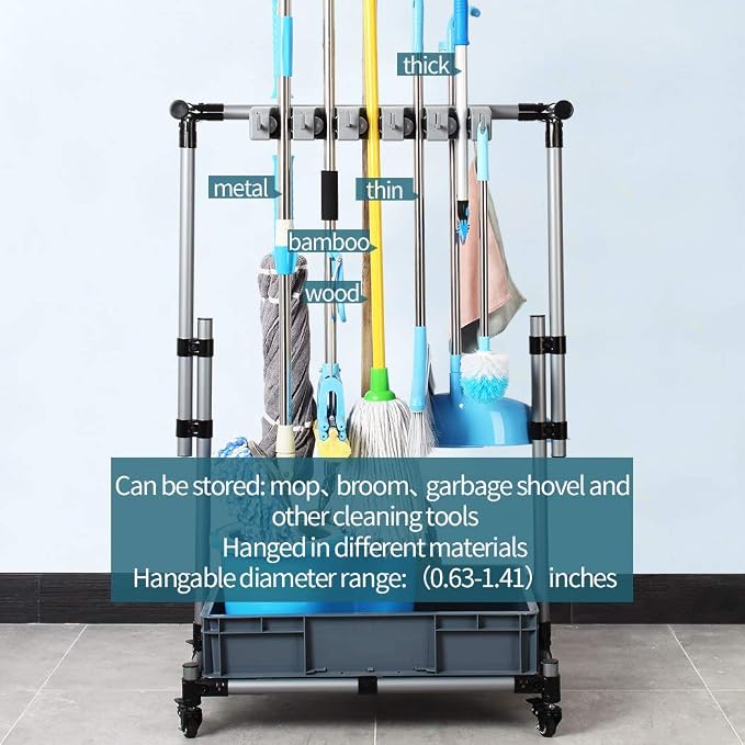 Broom And Mop Holder Put Wet Movable Floor-Mounted Mop Rack Floor Standing Cleaning Tool Cart Storage For Garden Garage Schools, Hospitals, Factories, Hotels,Property Companies - Image 3
