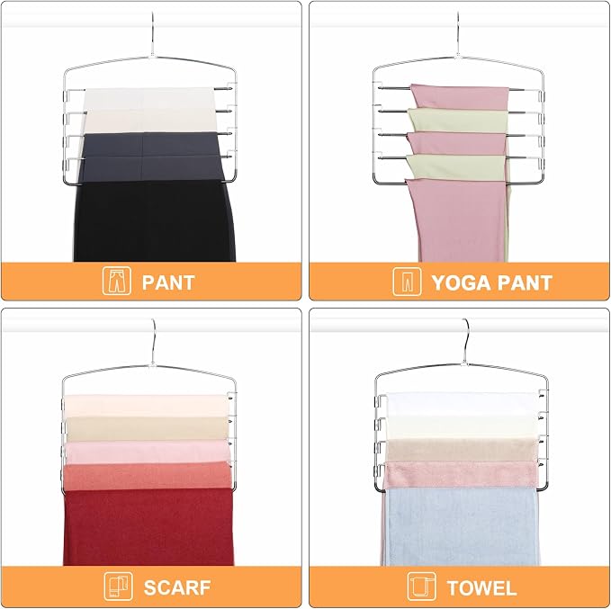 TOPIA HANGER Pant Hangers Space Saving 3 Pack with Non Slip 5 Tiers Hangers | 80% Space Saving Closet Storage Orgainzer, 360° Swivel Hook, Stainless Steel Non Slip 5 Tier Swing Arm for Pant Trouser Jean - Image 7