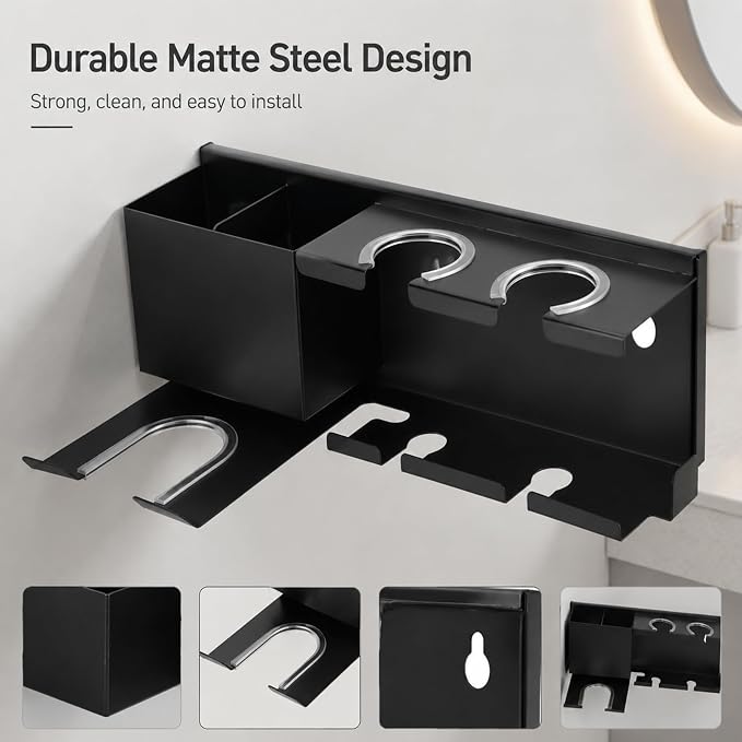Hair Dryer Holder Wall Mounted, Include Adhesive Strip and Screw Mounting Kits, Hair Tool Organizer Wall Mount for Bathroom, Universal Hair Dryer Holder Rack Storage for Blow Dryer, Curling Iron - Image 7