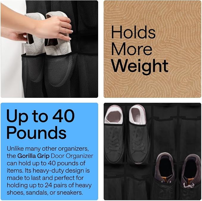 GORILLA GRIP Over the Door Shoe Organizer, 24 Large Pockets, Black 2 Pack | Breathable Mesh Pocket, Space Saving Hanging Storage Holder, Closet Rack Hanger for Shoes, Pantry and Bathroom Accessories - Image 3
