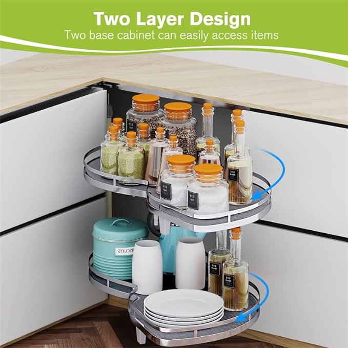 Blind Corner Cabinet Pull Out Organizer, Soft Close Swing Right Pull Out Cabinet Organizer 36inch, Corner Cabinet Lazy Susan for Corner Cabinet Blind Shelf, 2 Tiers Tray, Adjustable Height - Image 3