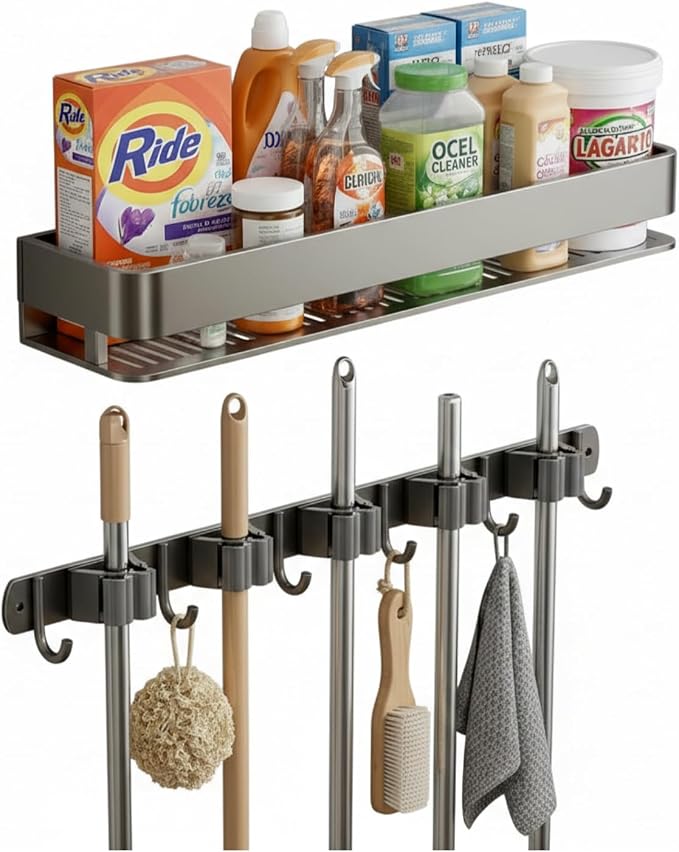 Broom Holder Wall Mount 24 Inch, Heavy-Duty Hooks & Sturdy Anti-Fall Large Capacity Shelf, Holds Brooms, Mops, Vacuums & Cleaning Supplies for Laundry Room, Garage and Closet by Unknown