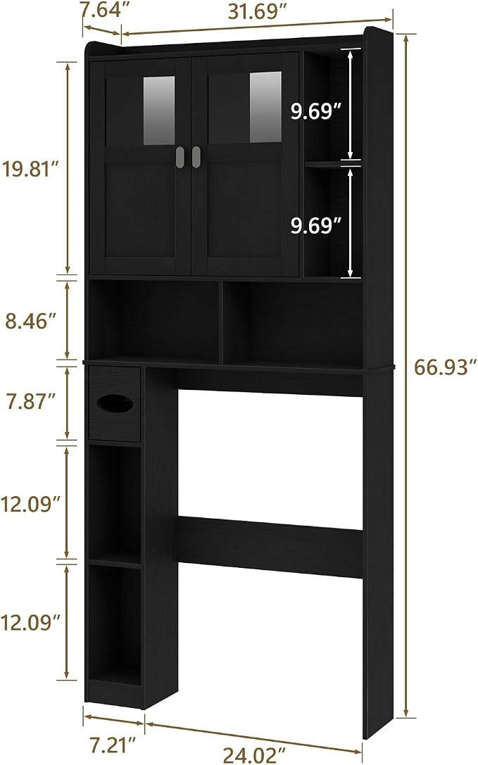 Vabches Over The Toilet Storage Cabinet with Doors and Shelves, Black - Image 2