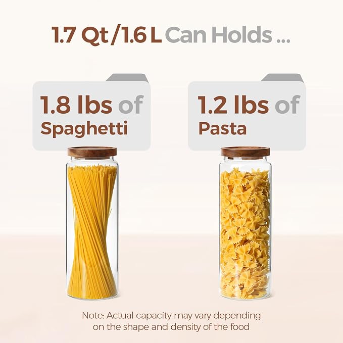 ComSaf Glass Pasta Storage Containers with Acacia Wood Lids 1.7Qt 3Pack - Image 4