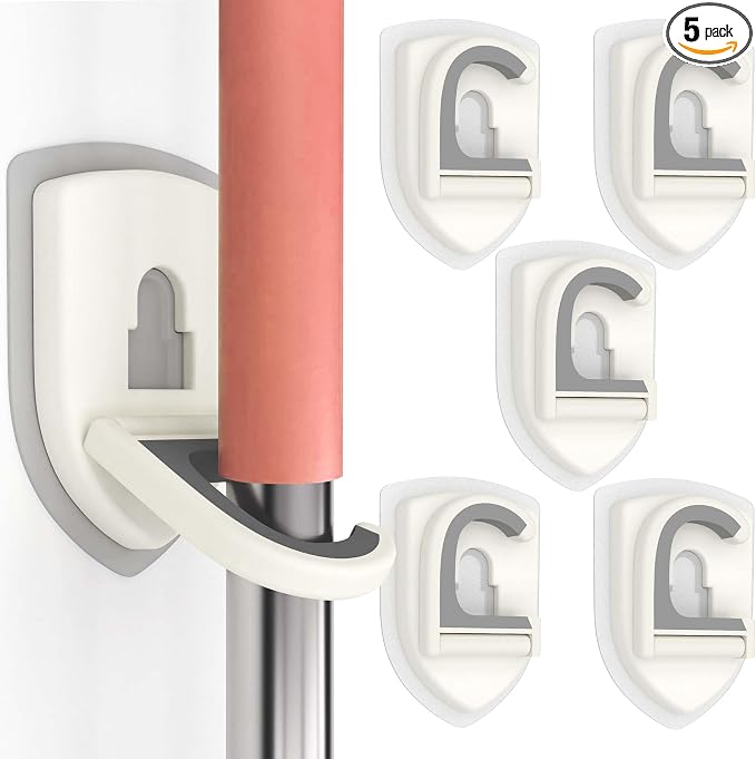 Broom Holder Wall Mount Self Adhesive, Broom and Mop Organizer Wall Hanging, No Drilling Anti-Slip Broom Hook Over Door for Home, Kitchen, Garden, Garage Storage 5-Pack by ROCKYGFI