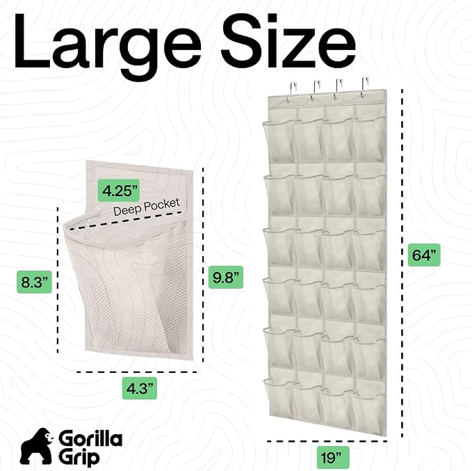 GORILLA GRIP Over the Door Shoe Organizer, 24 Large Pockets, Linen | Breathable Mesh Pocket, Space Saving Hanging Storage Holder, Closet Rack Hanger for Shoes, Pantry and Bathroom Accessories - Image 7