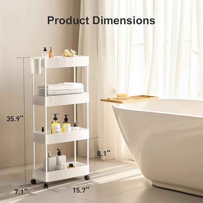 Pipishell 4 Tier Slim Storage Cart with Wheels, Laundry Cart, White - Image 2