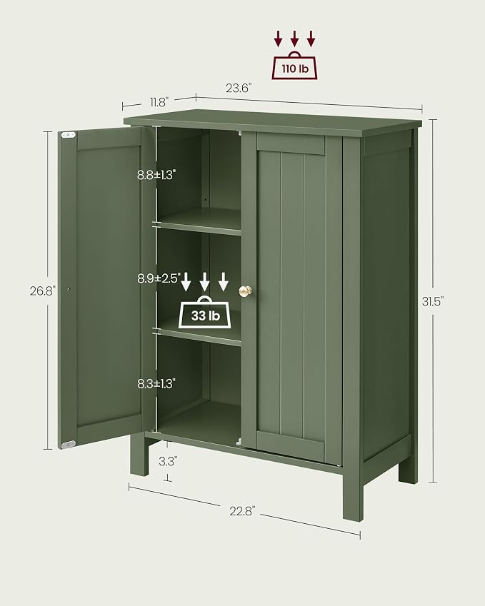 VASAGLE Bathroom Floor Storage Cabinet, 2 Adjustable Shelves, Forest Green - Image 7
