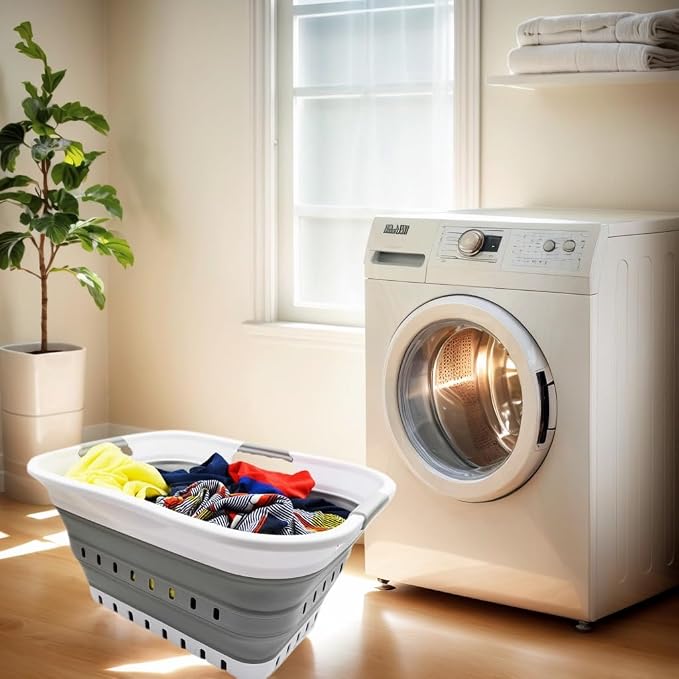 SAMMART 30L (8 gallon) Collapsible 3 Handled Plastic Laundry Basket - Foldable Pop Up Storage Container/Organizer - Space Saving Hamper/Basket (White/Grey) - Image 4