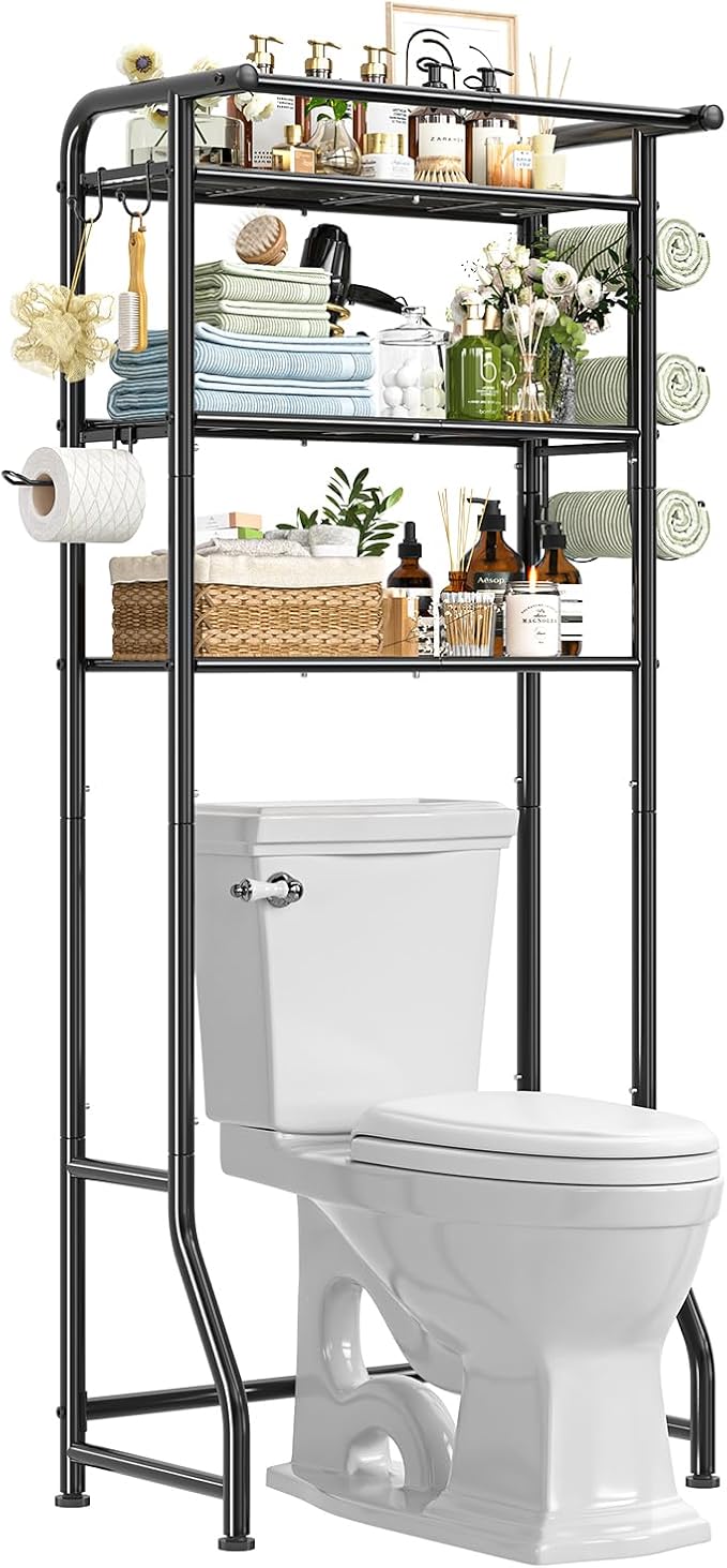 Simple Trending Over The Toilet Storage Cabinet, Metal Bathroom Shelf Organizer with Paper Holder and Hooks, 3 Tier, Black - Image 9