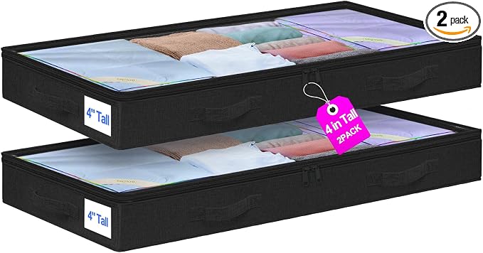 punemi 4" Tall Soft Low Profile Under Bed Storage Containers, 2 Pack, Black by Punemi