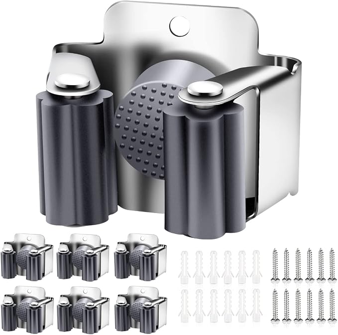 Verdenu 6 Pack Broom Holder Wall Mount, Mop and Broom Holder Wall Mount, Stainless Steel Command Broom Holder with Screws, Garden Tool Storage Organizer for Kitchen, Home, Bathroom, Garage, Grey by Verdenu