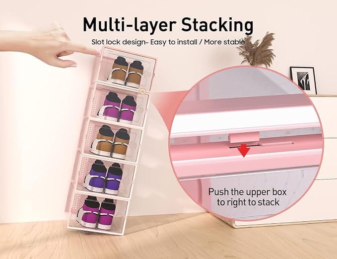 Kuject X-Large Shoe Storage Boxes 12 Pack, Clear Stackable Shoe Organizer | Shoe Case for Closet, Entryway & Under-Bed Storage, Drop-Front Design, Space-Saving Solution for Family Organization,Pink - Image 3