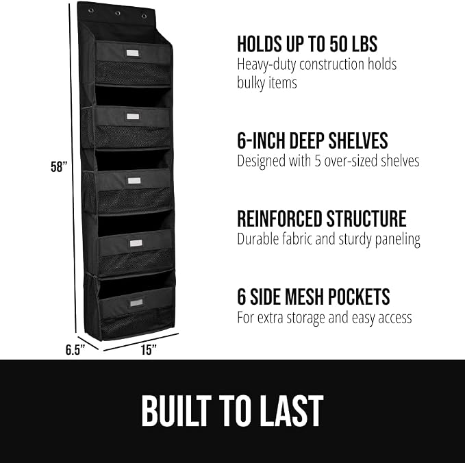 GORILLA GRIP Over The Door Organizer Storage, 5 Deep Hanging Shelves, Holds 50lbs, Closet Organizers Shelf for Bedroom, Shoes, Bathroom, Nursery, Dorm Essentials, 3 Metal Hooks, 58x15 Inches, Black - Image 2