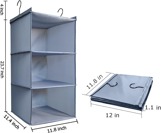 Hanging Closet Organizer 3-Shelf, Oxford Fabric Wardrobe Storage, Gray | Easy-mount foldable design holds clothes, handbags, shoes & accessories; washable Oxford fabric, sturdy and space-saving. - Image 3