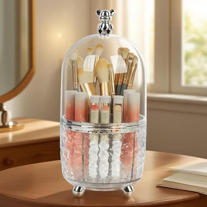 Dezzer Makeup Brush Holder with Lid, 360 Rotating Make Up Organizers with 6 Dividers, Dustproof Make up Brush Pencil Holder for Desk Vanity Bathroom Countertop Office, Clear - Image 4
