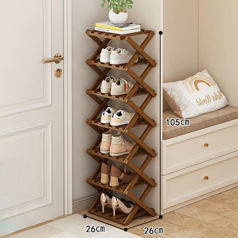 YYW Shoe Rack, Foldable Bamboo Shoes Shelf, Freestanding Shoe Storage Organiser for Entryway, Hallway, Bedroom, Closet (Brown, 7 Layers) - Image 2