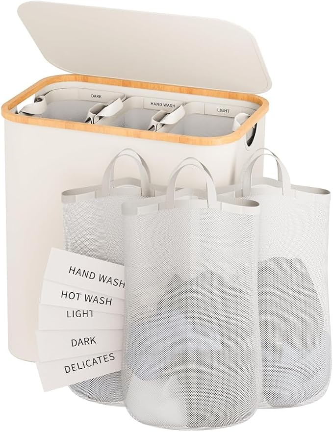 145L Laundry Hamper with Lid, 3 Section Laundry Basket with 3 Removable Bag by Bathola