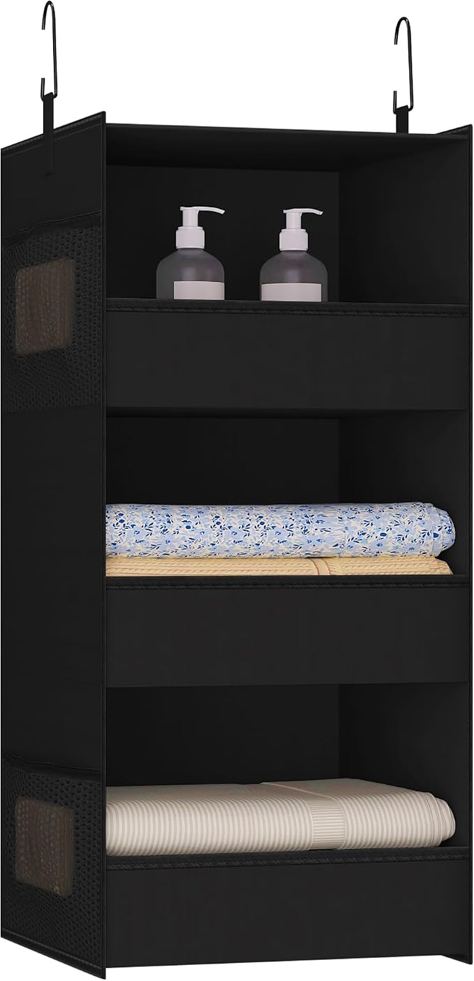 3-Shelf Hanging Closet Organizer, Washable Foldable Storage Shelves, Black | Front lip keeps items secure; side pockets add room; Oxford fabric handles towels, shirts, baby items, dorms, RVs or travel. by Bosuelife