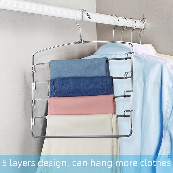 Pants Hangers 6 Pack 5 Layers Multi Functional Pants Rack Swing Arm Space Saver Hanger for Trousers Jeans Towels Scarf （Grey） - Image 2