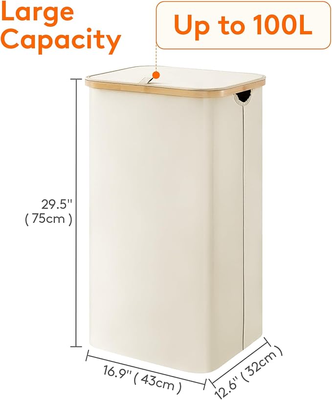 Lifewit 105L Large Laundry Basket with Lid, Removable Bags, White - Image 4