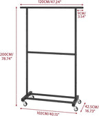 Sywhitta Double Rod Metal Clothing Garment Rack on Wheels, Black - Image 4
