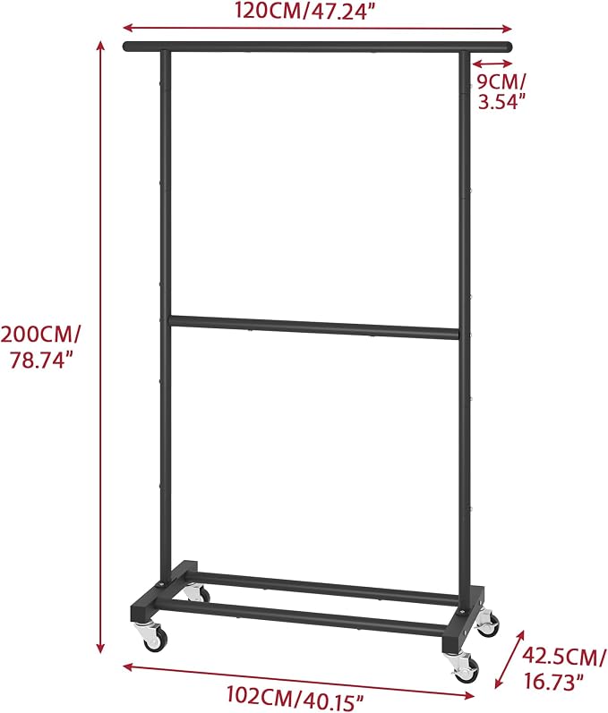 Sywhitta Double Rod Metal Clothing Garment Rack on Wheels, Black - Image 4