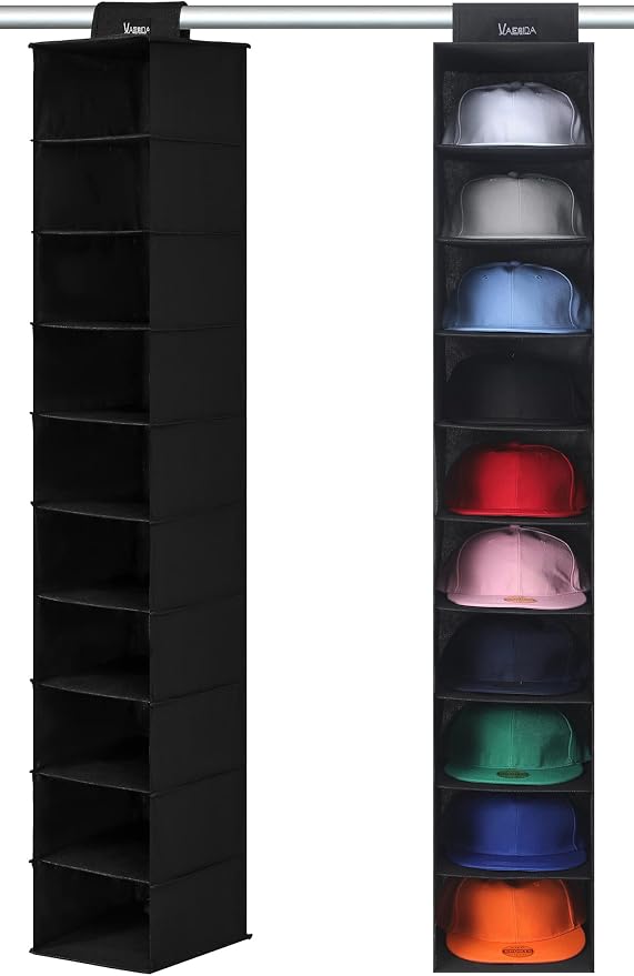 VAESIDA Hat Rack for Closet, 10 Shelf Hanging Hat Organizer for Baseball Caps Storage, Hat Holder Organizer for Hat Display, Best Space Saving Hat Racks for Baseball Cap Organizer, Black by VAESIDA