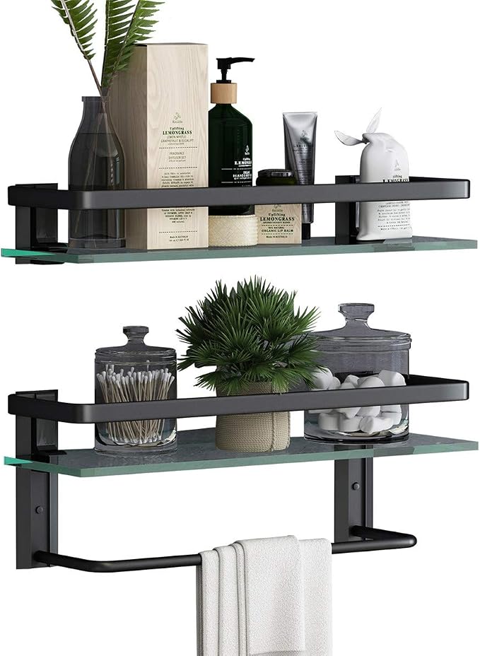 VOLPONE Glass Bathroom Shelf with Towel Bar 15.7in Bathroom Wall Shelves Rustproof Metal Bathroom Wall Organizer 2-Tier (Black) - Image 5