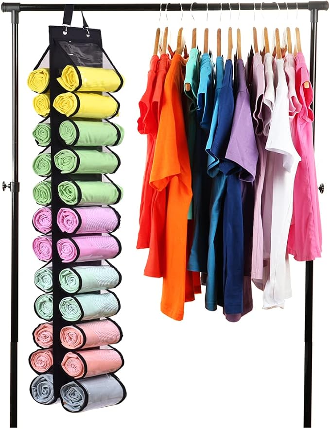 Legging Storage Bag Storage Hanger Can Holds 24 Leggings or Shirts Jeans Compartment Storage Hanger, Foldable Leggings Organizer Clothes Portable Closets Roll Holder (Black) - Image 5