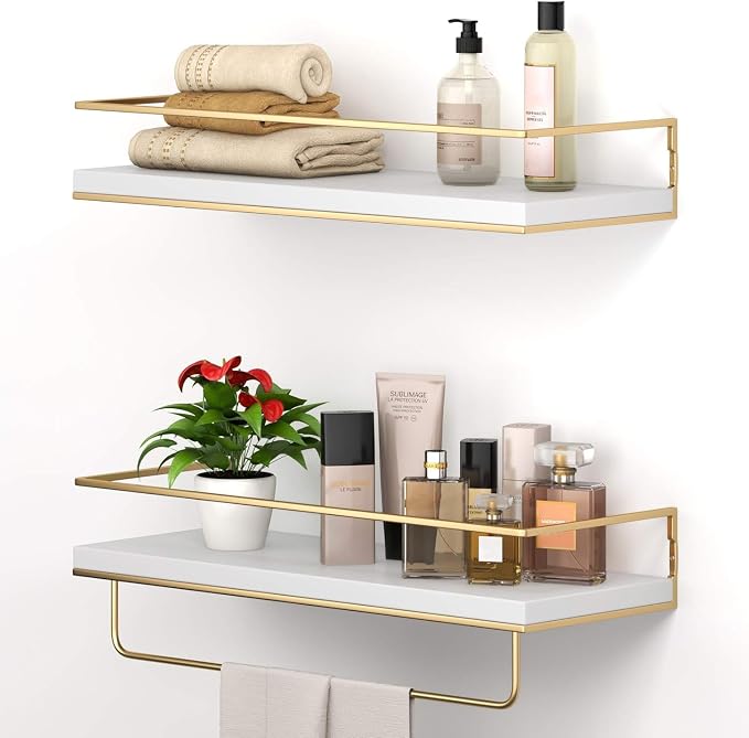 Shario White Floating Shelves - Set of 2, Wall Mounted Hanging Shelves with Golden Towel Rack, Decorative Storage Shelves for Bathroom, Kitchen, Living Room & Bedroom (White Gold, 15.7 Inches) by Shario