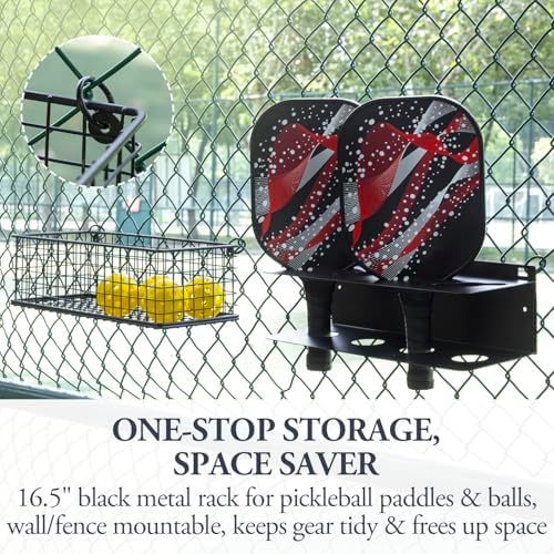 MyGift 16.5 Inch Black Metal Pickleball Paddle Rack and Ball Storage, Wall Mounted or Fence Hanging Equipment Organizer with Racket Holder and Basket for Balls (Pack of 2) - Image 4