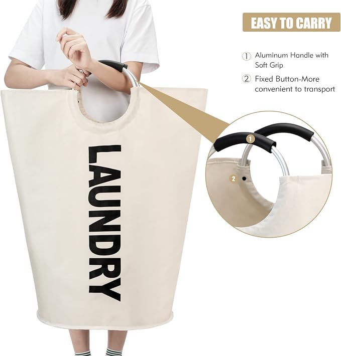 Maxsilan 90L Large Laundry Basket Bag, Collapsible Tall Hamper, Beige - Image 5
