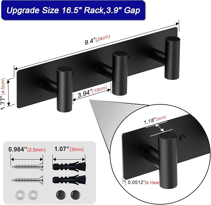 Bntuk Coat Rack Wall Mount - 3 Coat Hooks, Towel Racks for Bathroom Robes Bags Keys, Hat Rack Wall Towel Hooks Organizer (Black) - Image 4