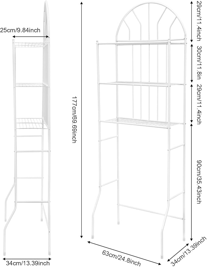 3-Tier Over The Toilet Storage Rack, Space Saver Metal Bathroom Shelves, Freestanding Over Toilet Bathroom Organizer for Bathroom/Living Room (White) - Image 2