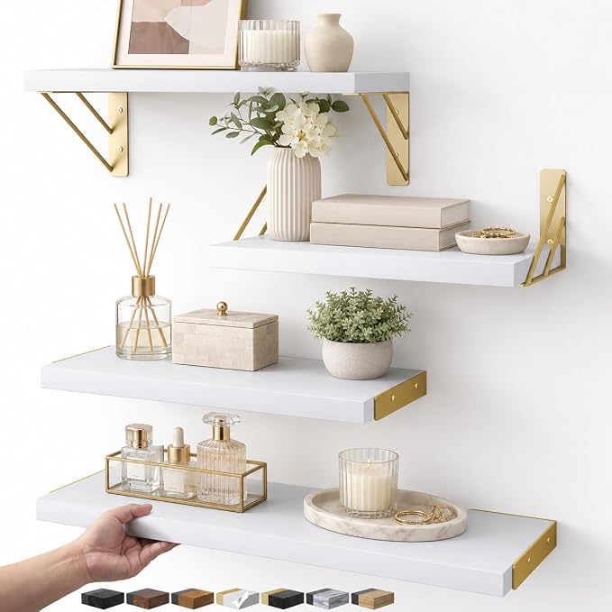 BAYKA Wall Shelves for Bedroom Decor, Wood, White and Gold, Set of 4, 16in by Bayka