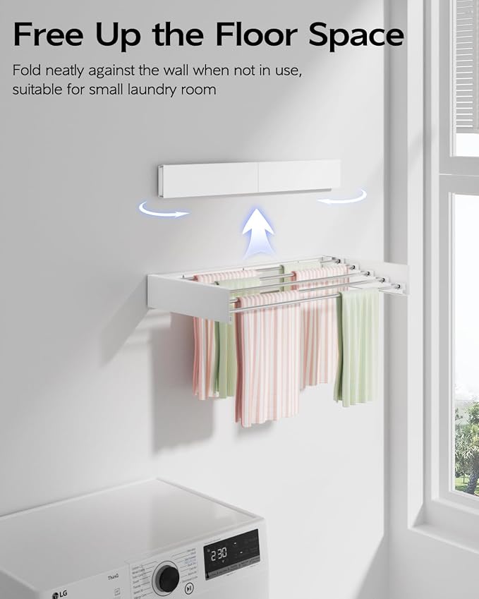 Vikaqi Wall Mounted Clothes Drying Rack 23.6", Foldable Wall Mount Laundry Rack Folding Indoor, Drying Rack Clothing Collapsible, Hidden Space Saver with Wall Template, 5 Rods, White - Image 2