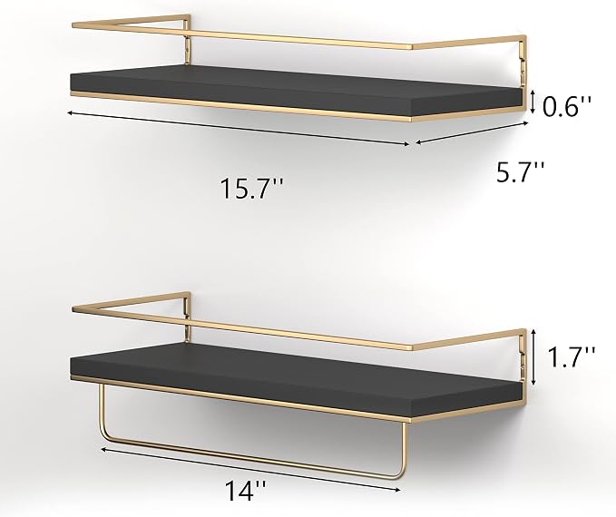 Shario Floating Shelves - Set of 2, Wall Mounted Hanging Shelves with Golden Towel Rack, Decorative Storage Shelves for Bathroom, Kitchen, Living Room & Bedroom (Black Gold, 15.7 Inches) - Image 3
