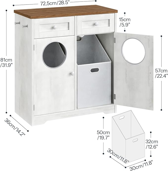 HOOBRO Double Laundry Hamper Cabinet, Hidden Laundry Cabinet with 2 Drawers & 2 Baskets, 20 Gallon Farmhouse Bathroom Laundry Hamper with 2 Clothes-Toss Holes, White and Dark Walnut WHZ36XY01 - Image 3