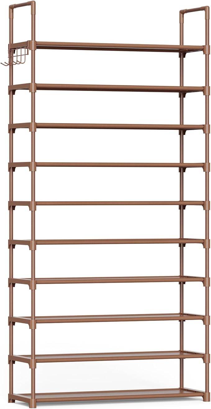 Kitsure 10 Tier Shoe Rack, Tall Shoe Organizer, 32.2" Wide, Brown | Large-Capacity Shoe Storage with Hooks, Shoe Shelf for Closet, Entryway, Bedroom, Living Room, Zapateras Organizer by Kitsure