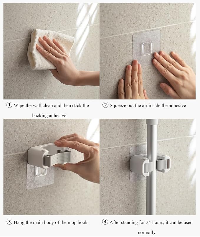 Broom Holder Wall Mount Self Adhesive, No-Drill Mop Grip Single Clip - Image 6