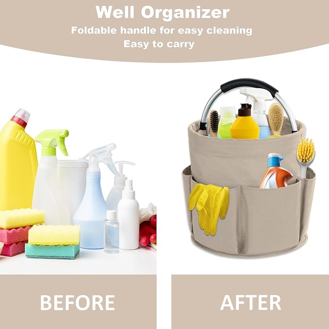 17L Cleaning Caddy with Handle, Cleaning Supplies Organizer, Foldable Storage Basket, Cleaning Supply Caddy, Portable Multi Cleaning Bucket Bag for Home, Garden (Khaki) - Image 3
