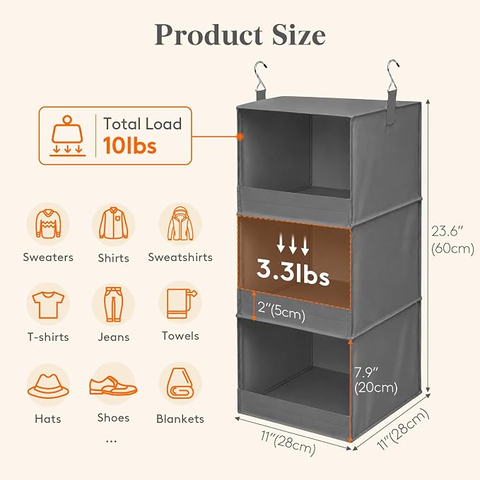 Lifewit RV Storage and Organization, Hanging Closet Shelves | 3 Shelf Front Anti-Slip Closet Organizers and Storage with 2 Sturdy Hooks, Vertical, Foldable, for Camper, Beige, 1 Pack - Image 3