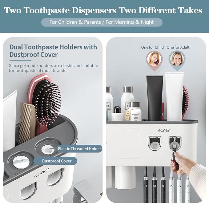 Toothbrush Holders for Bathrooms Wall Mounted, 6 Slot Toothbrush Holder with 2 Automatic Toothpaste Dispensers, 2 Magnetic Cups, Large Capacity Bathroom Organizer, Wall Storage with Drawer - Image 4