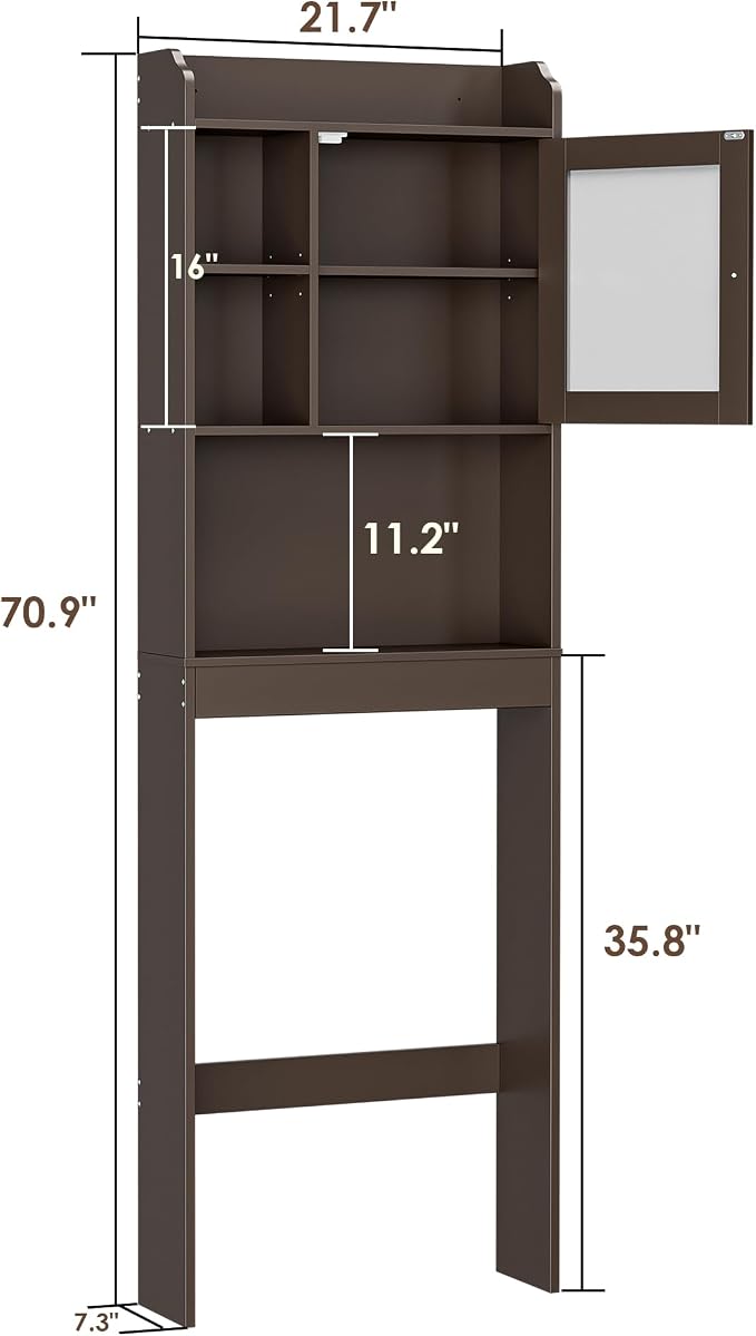 ZenStyle Over The Toilet Cabinet Double Door Wood Bathroom Storage Organizer with Adjustable Shelves, Cubby and Tempered Glass Door (Brown) - Image 2
